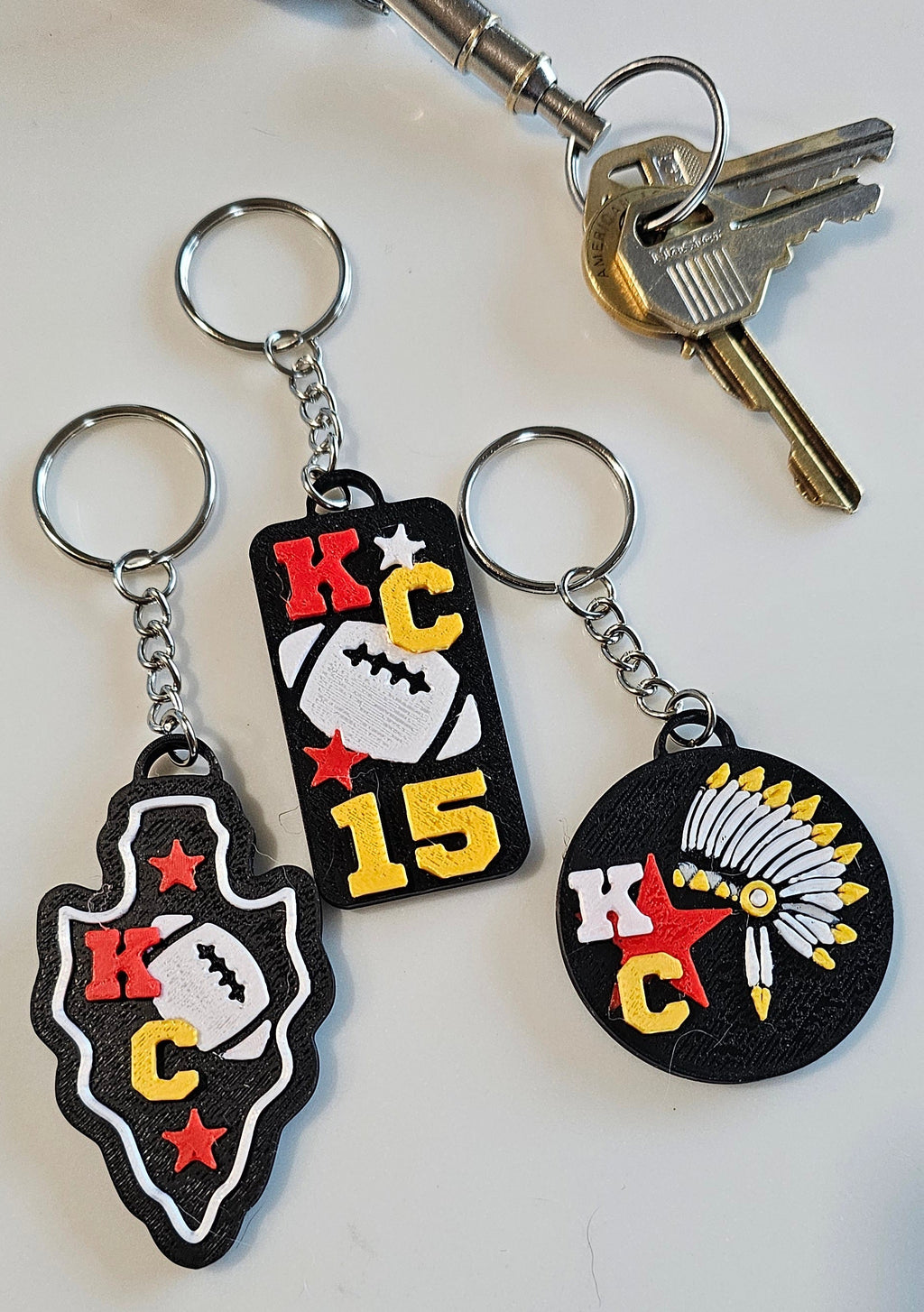 Set of 3 3D Print Chiefs Arrowhead Kc Kansas City 15 Football Keychains Made in America Baha Ranch Western Wear