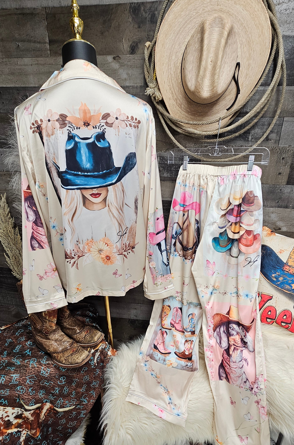 Baha Ranch Danilo Painted Cowgirl Satin Long Pajamas Baha Ranch Western Wear