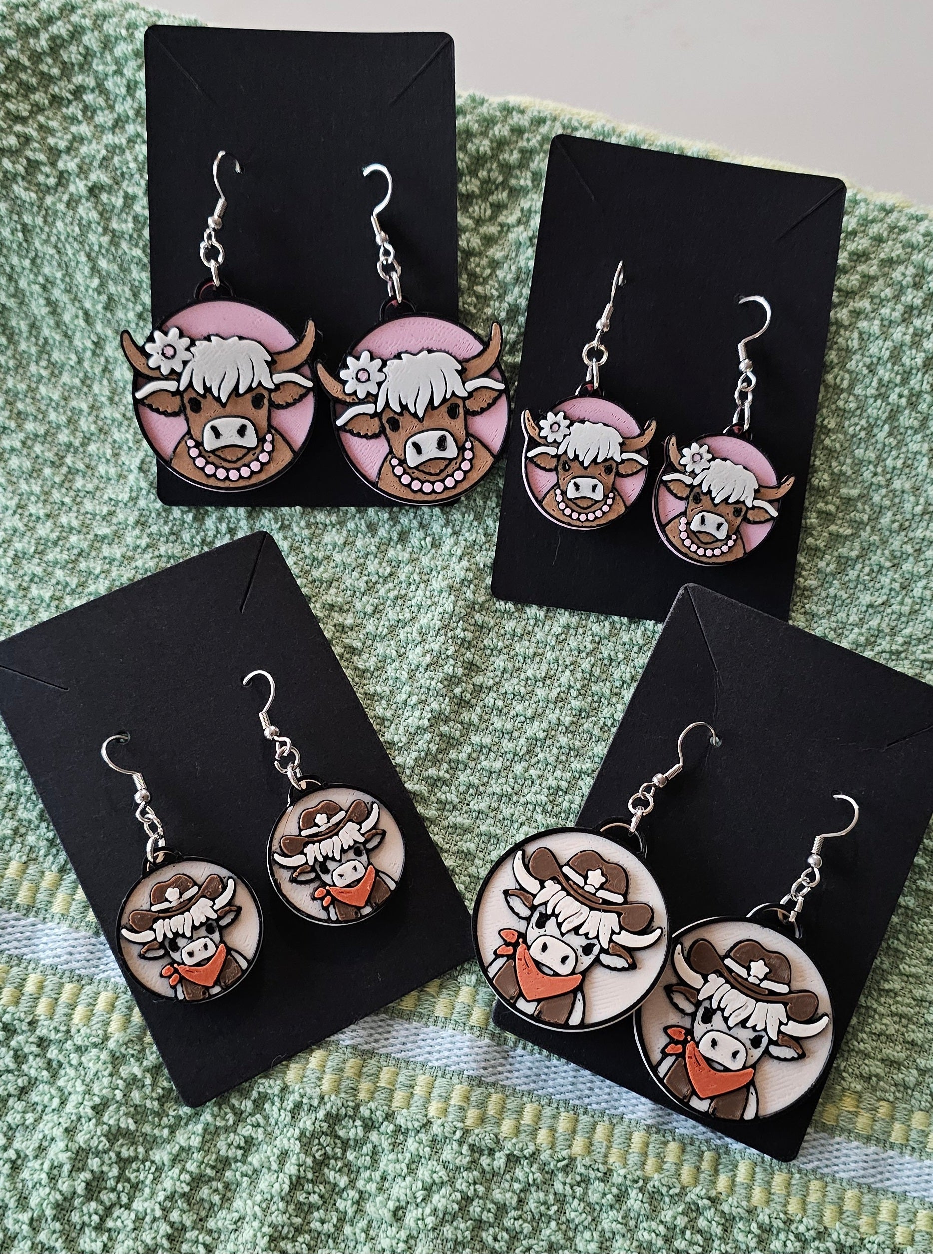 3d Western Cowgirl Cowboy Highland Cow Theme - Necklace, Purse Charm, Earrings, Keychain, Magnet Baha Ranch Western Wear