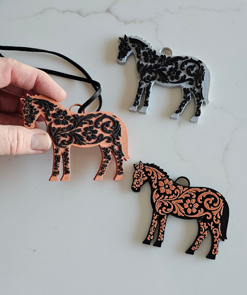 Baha Ranch 3D Print Floral Tooled Horse Charm or Keychain Made in America Baha Ranch Western Wear