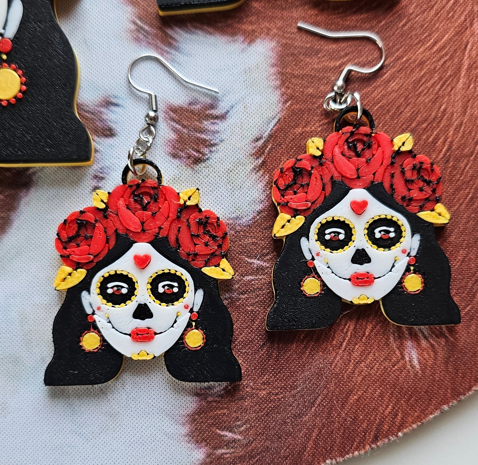 3D Print Mexico Theme Día de los Muertos Day of The Dead Sugar Skull Keychain or Earrings Baha Ranch Western Wear