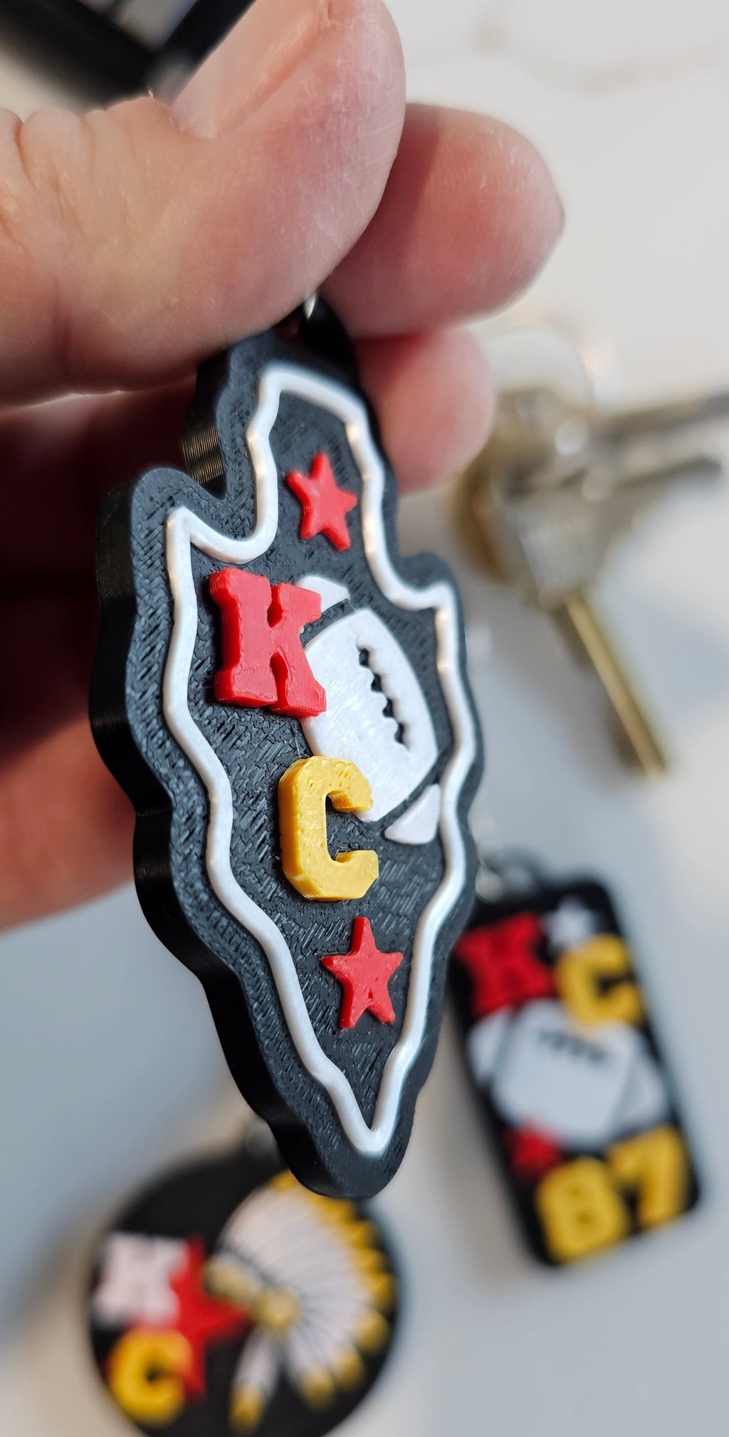 Set of 3 3D Print Chiefs Arrowhead Kc Kansas City 87 Football Keychains Made in America Baha Ranch Western Wear