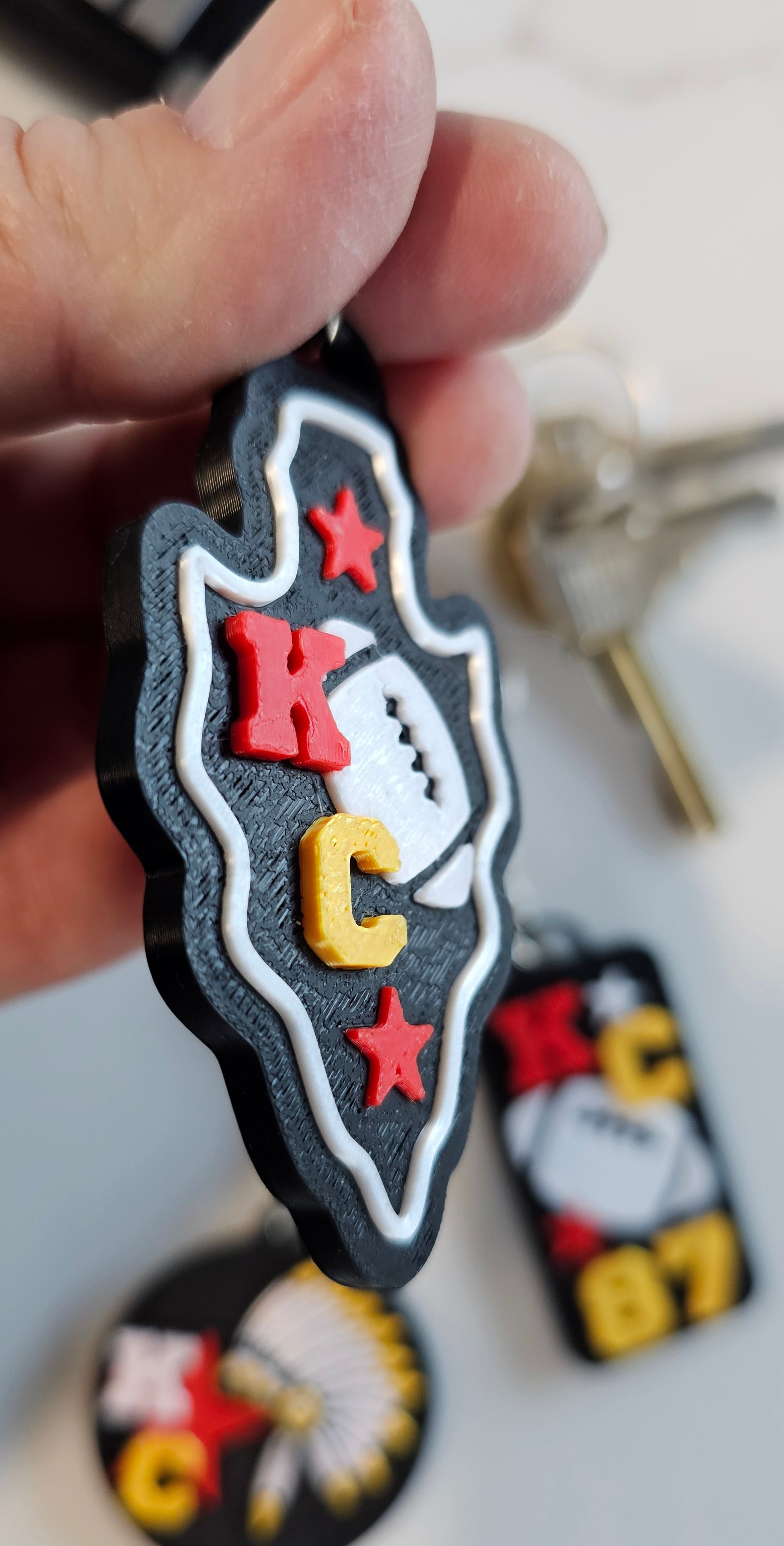 Set of 3 3D Print Chiefs Arrowhead Kc Kansas City 87 Football Keychains Made in America Baha Ranch Western Wear