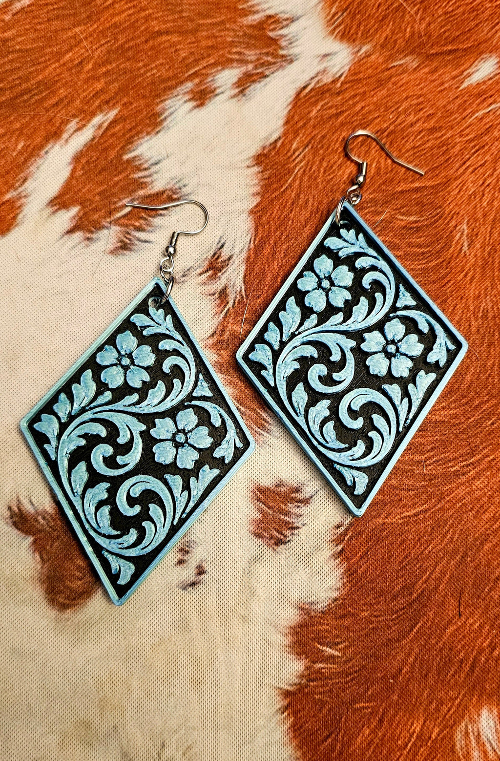 3D Print Western Tooled Turquoise  Earrings Made in America Baha Ranch Western Wear