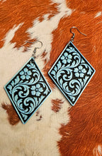 3D Print Western Tooled Turquoise  Earrings Made in America Baha Ranch Western Wear
