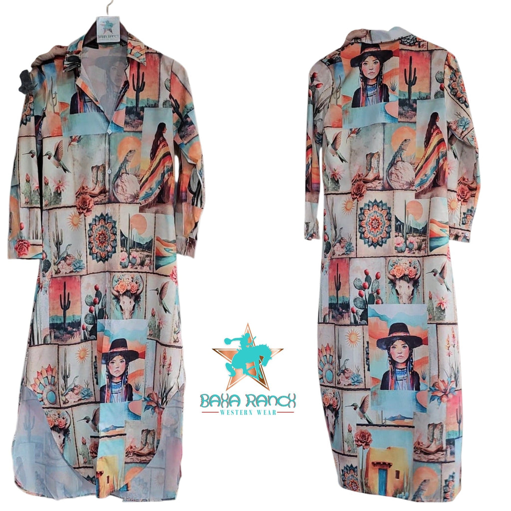Colores de Mexico Pictures of the Southwest Button-Up Long Sleeve Shirt Dress Duster Baha Ranch Western Wear