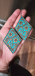 3D Print Western Tooled Bronze-Copper Turquoise  Earrings Made in America Baha Ranch Western Wear