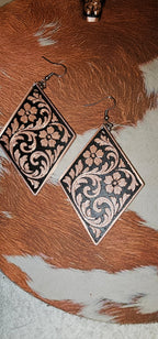 3D Print Western Tooled Floral Earrings Made in America Choice of Colors Baha Ranch Western Wear