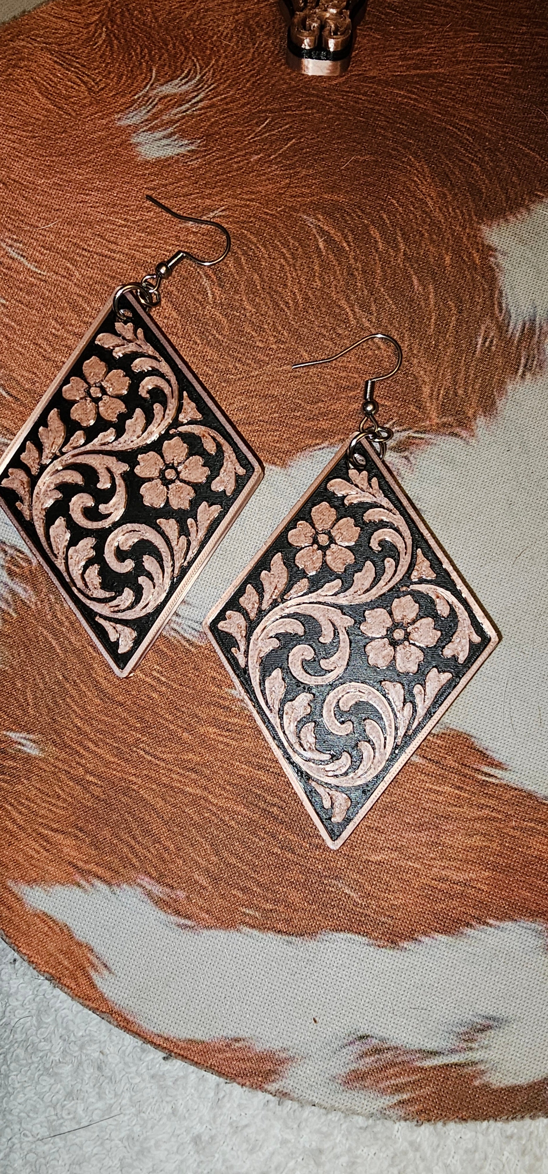 3D Print Western Tooled Floral Earrings Made in America Choice of Colors Baha Ranch Western Wear