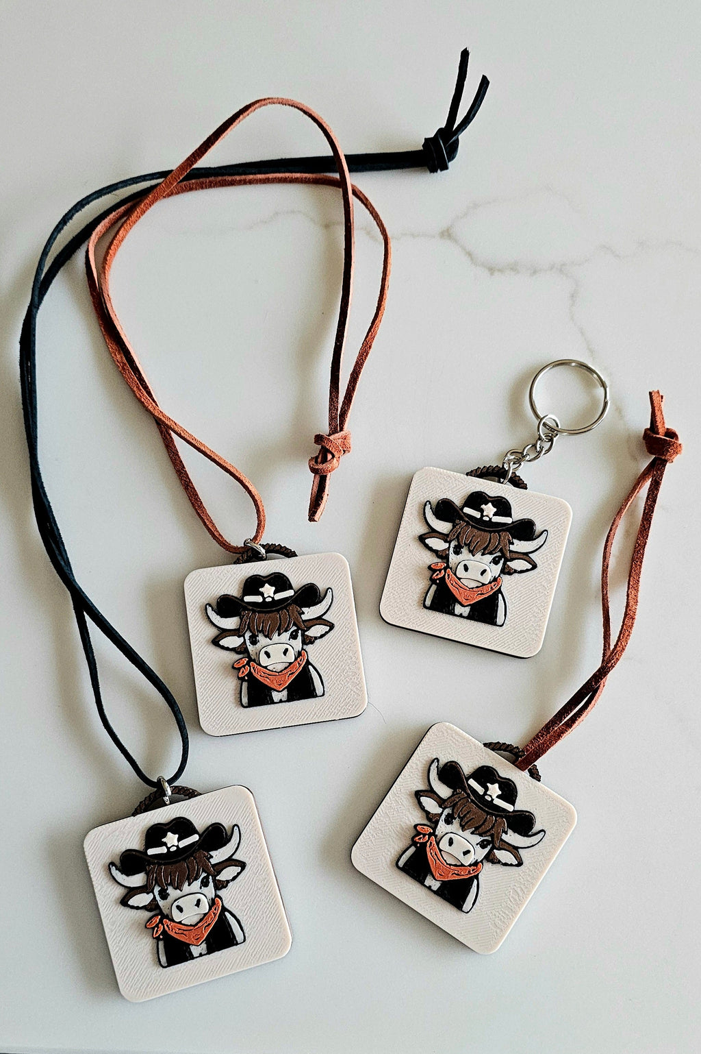 3D Print Cowboy Highland Cow Picture Necklace, Keychain or Purse Charm on Suede Leather Western Made in America Baha Ranch Western Wear