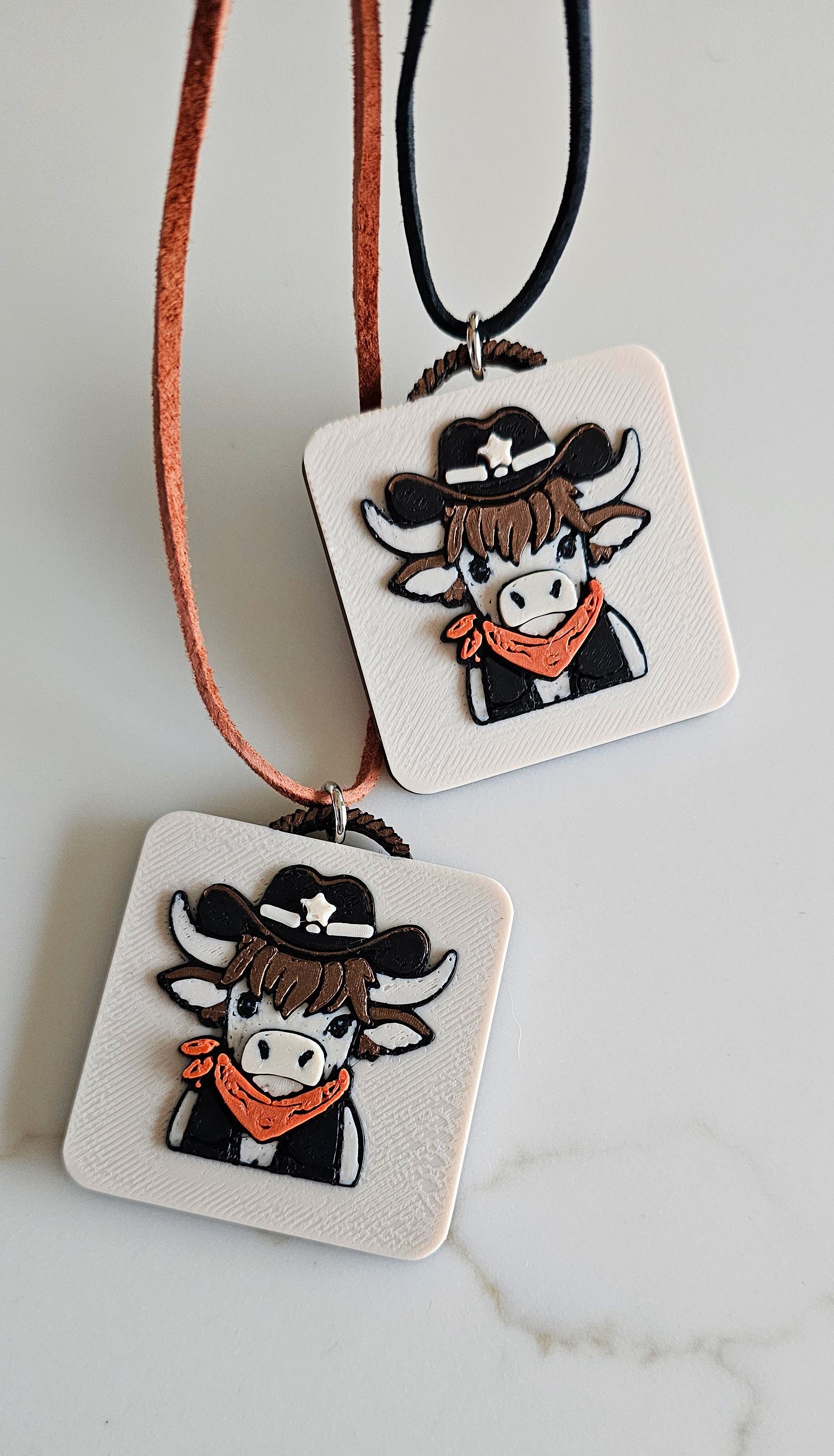 3D Print Cowboy Highland Cow Picture Necklace, Keychain or Purse Charm on Suede Leather Western Made in America Baha Ranch Western Wear
