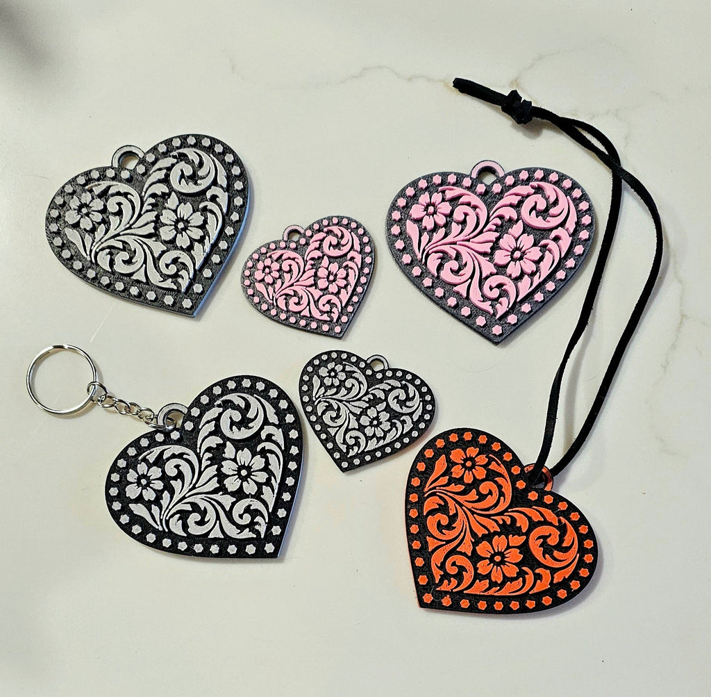 3d Printed Tooled Cowboy Cowgirl Heart  Keychain or Purse Charm Baha Ranch Western Wear