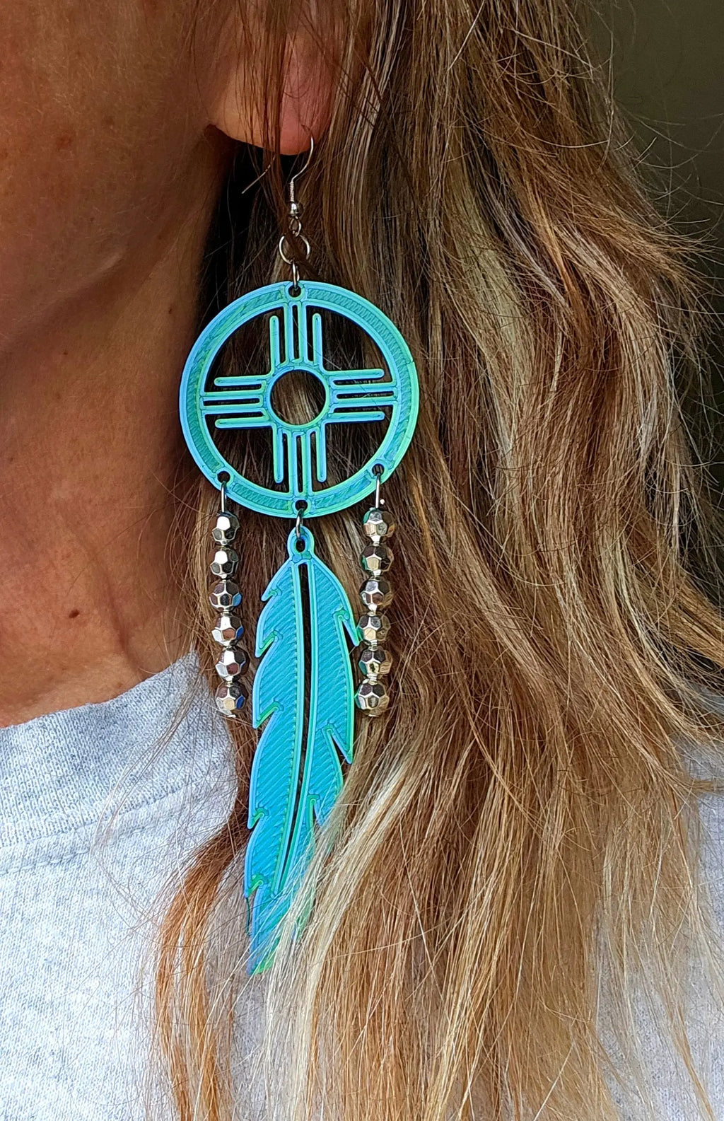 3D print Lightweight Green New Mexico Zia Feather Dream Catcher Earrings Made in America Baha Ranch Western Wear