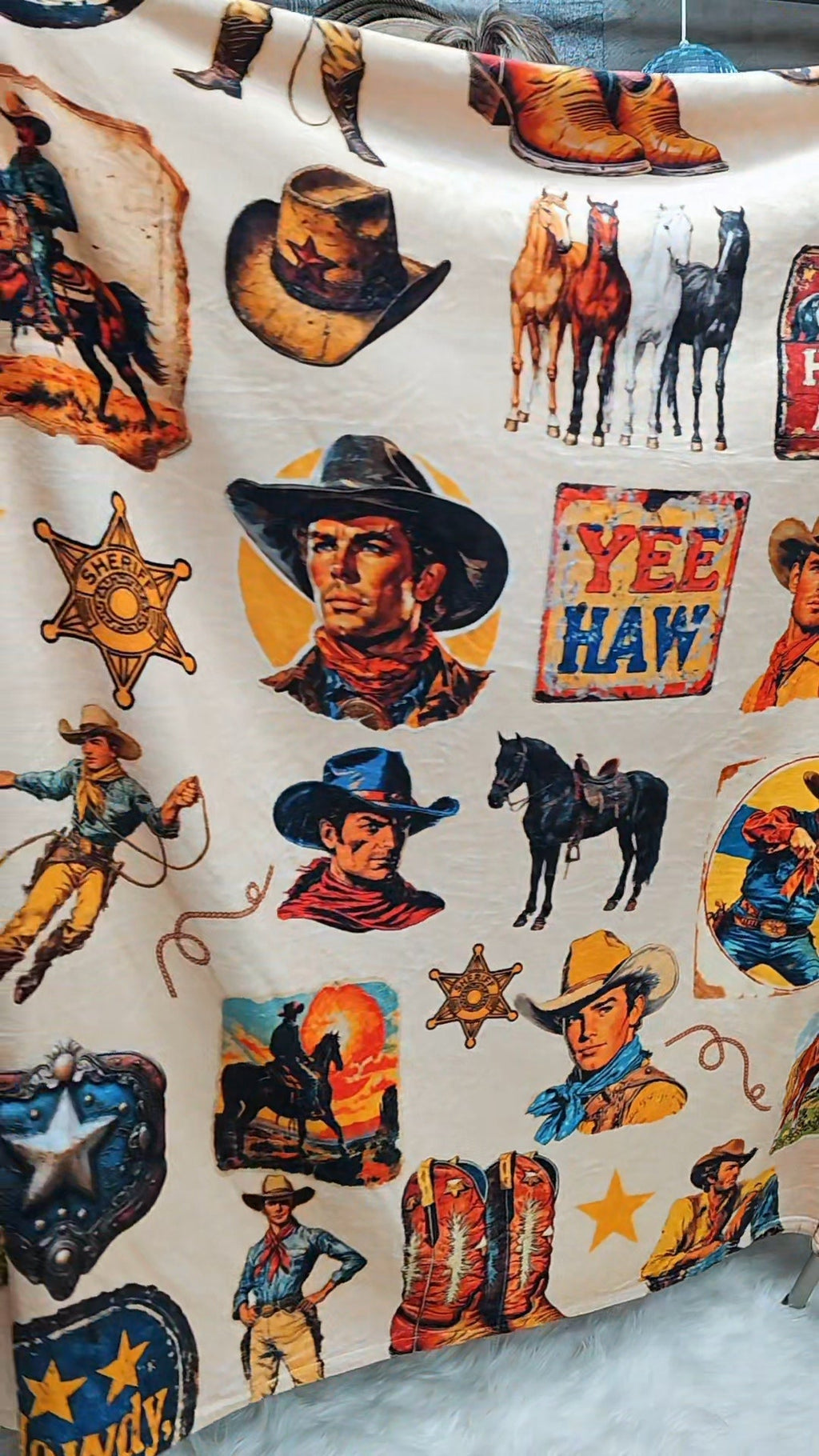 Baha Ranch Vintage Cowboy Collage Ultra-Soft Micro Fleece Blanket 60" x 80" Made in America Baha Ranch Western Wear