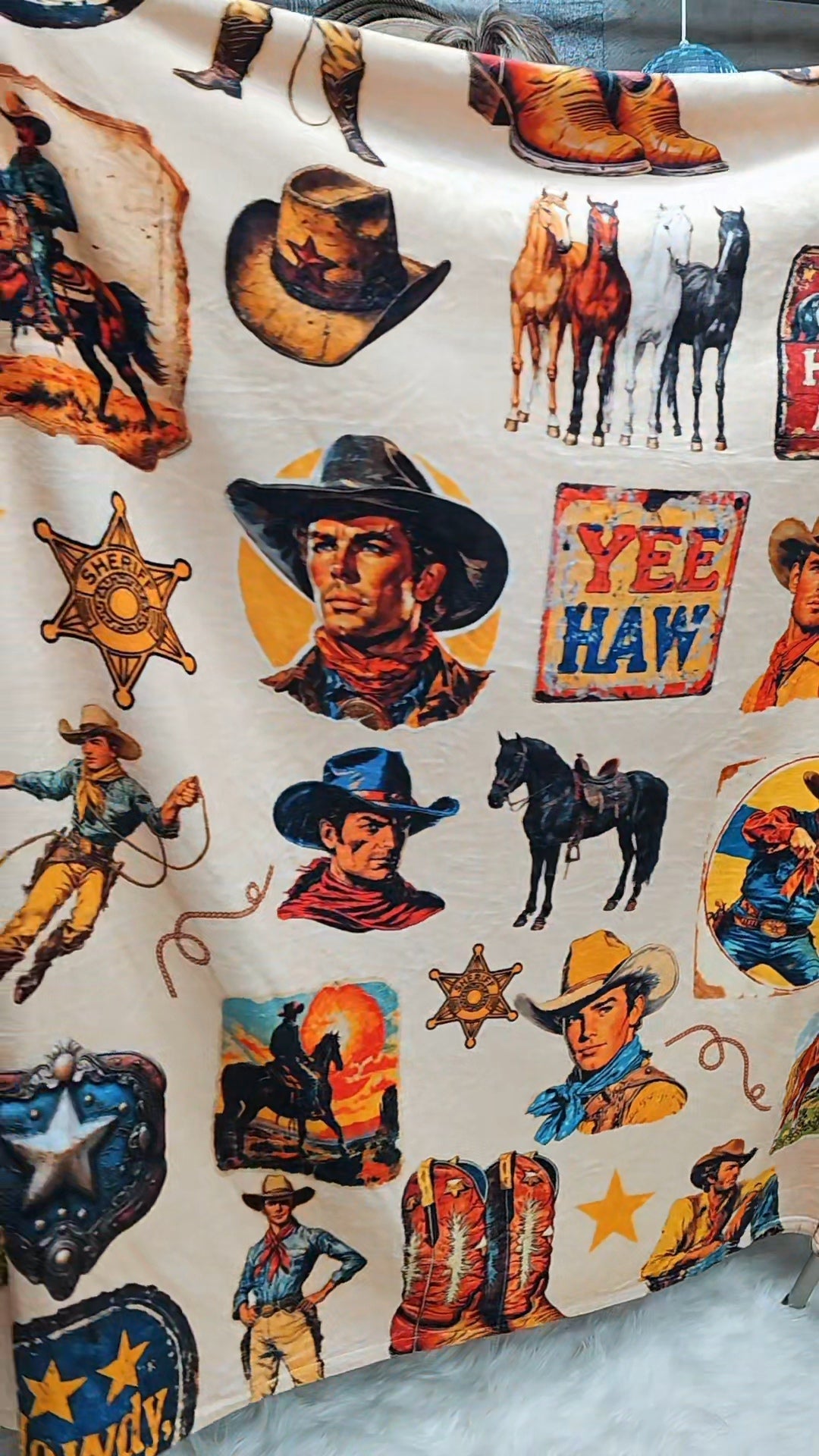 Baha Ranch Vintage Cowboy Collage Ultra-Soft Micro Fleece Blanket 60" x 80" Made in America Baha Ranch Western Wear