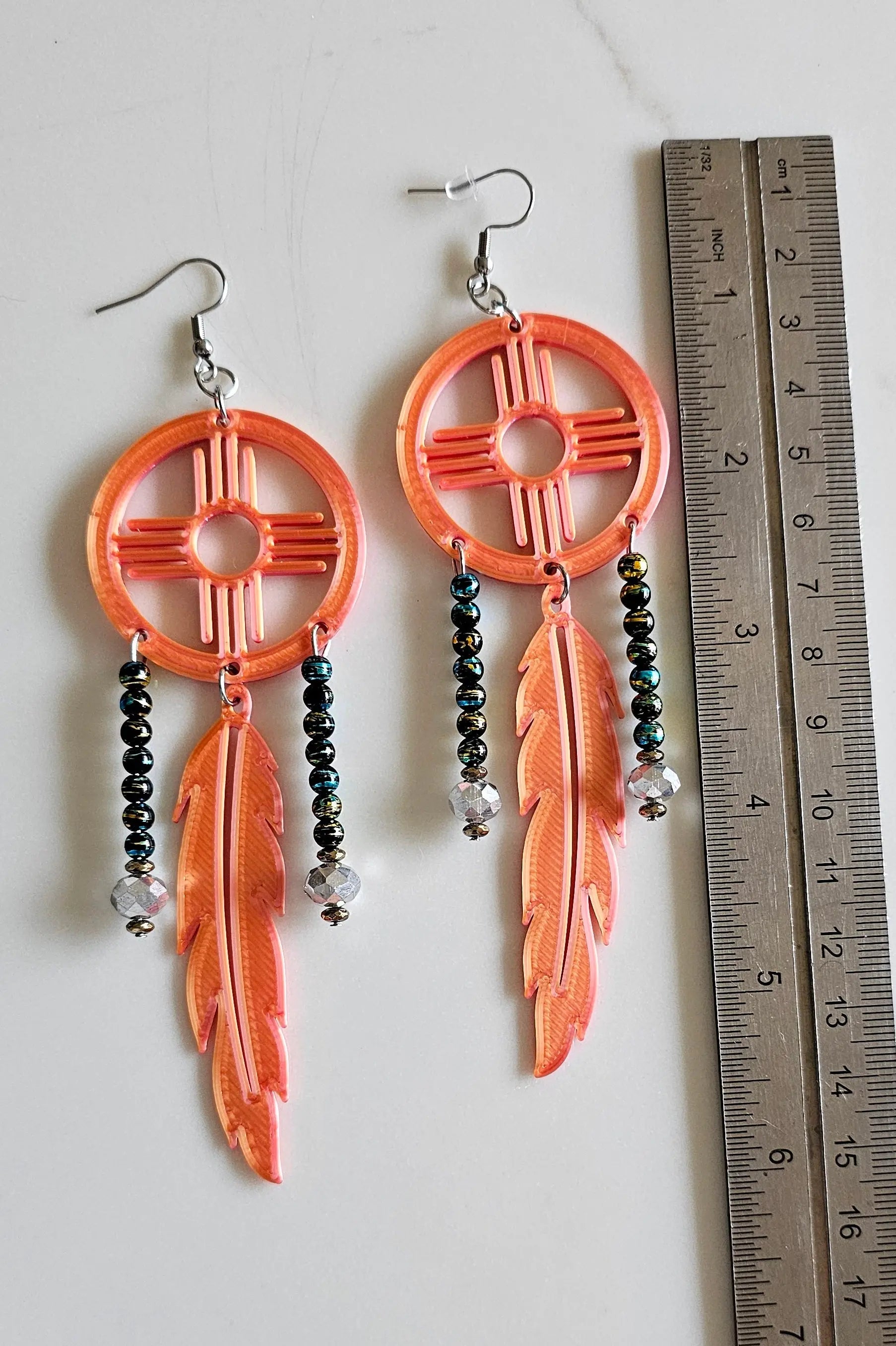 3D print Lightweight Orange New Mexico Zia Feather Dream Catcher Earrings Made in America Baha Ranch Western Wear