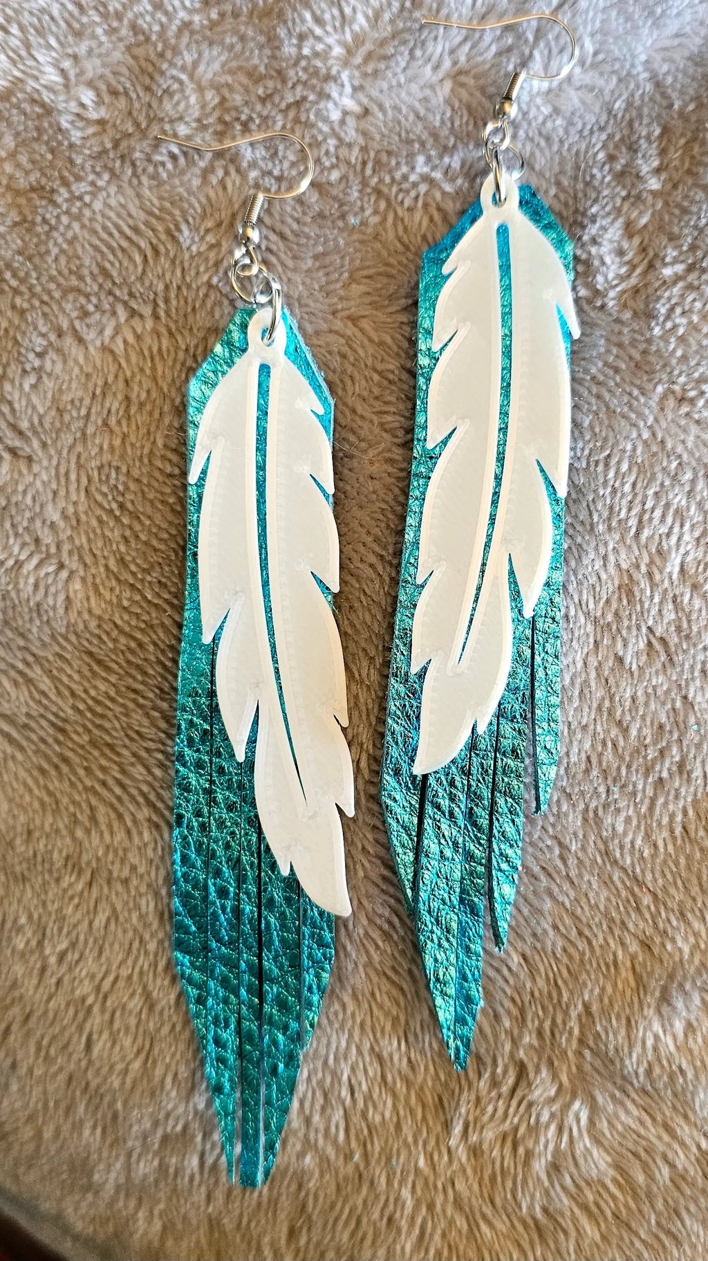 3D Printed Feather Leather Fringe Earrings Made in America Baha Ranch Western Wear