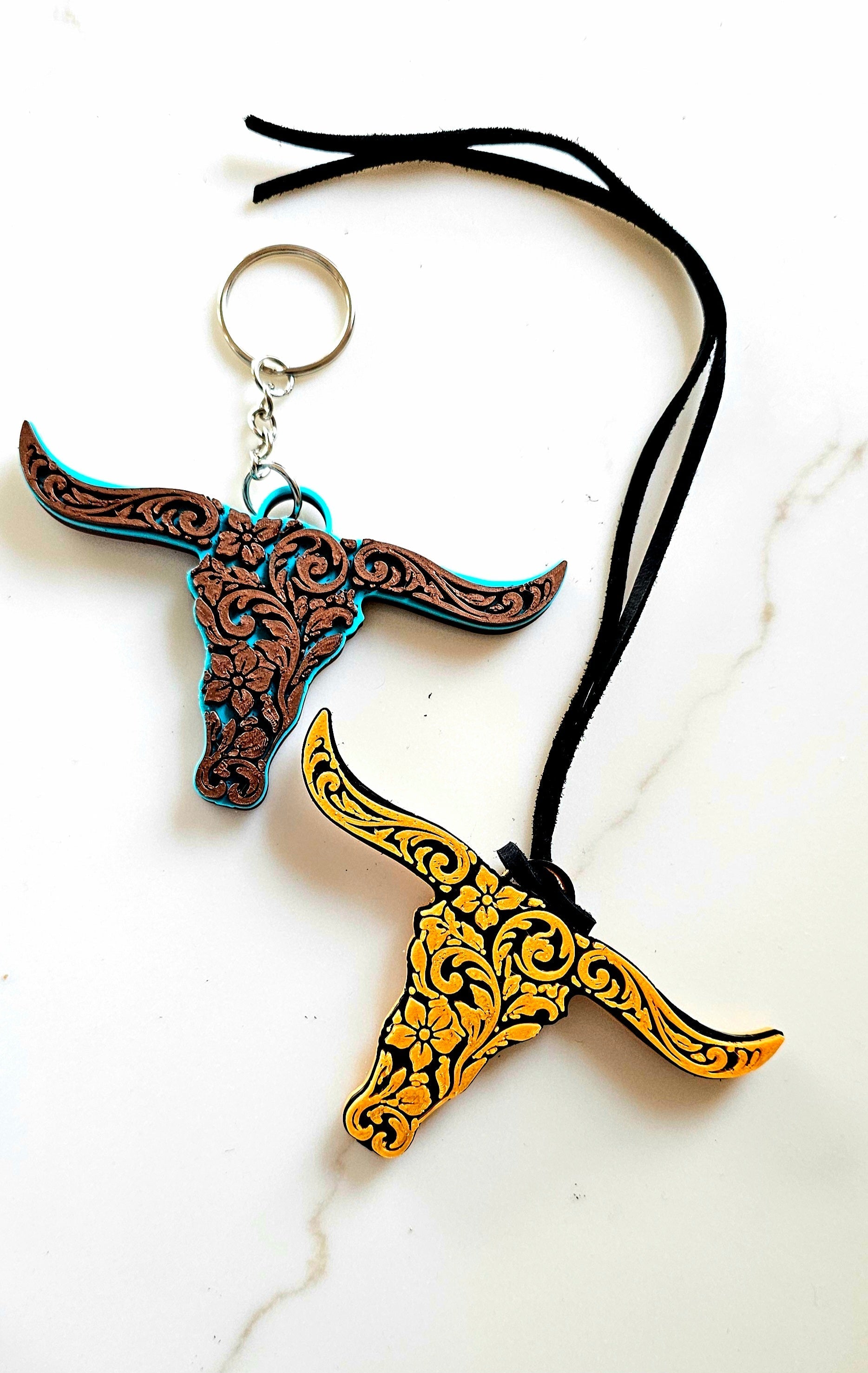 3d Print Tooled Longhorn Keychain or Purse Charm Ornament - Made in America - choice of colors Baha Ranch Western Wear