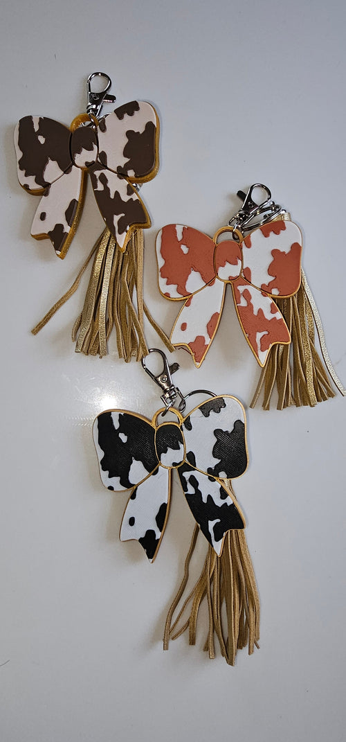 3d Print Puffy Bow Trend Keychain Fringe Cow Print Western Made in America Baha Ranch Western Wear