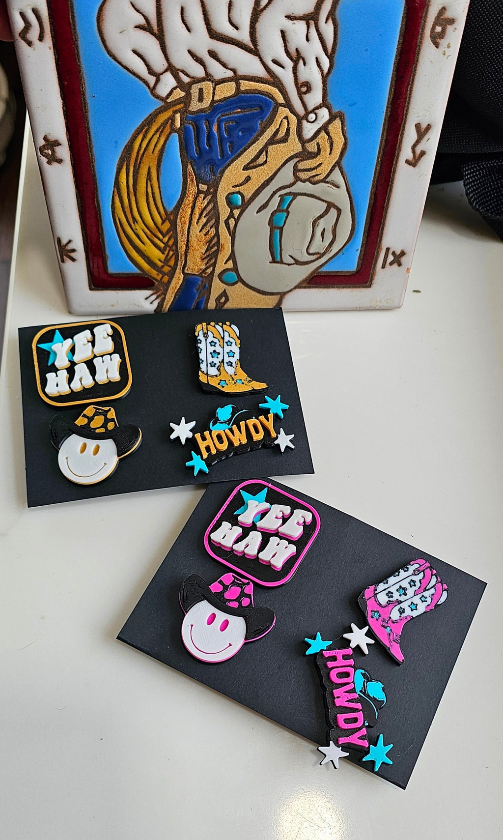 Set of 4 3D Print Western Cowboy Yeehaw Howdy Hat Pins Made in America choice of colors Baha Ranch Western Wear