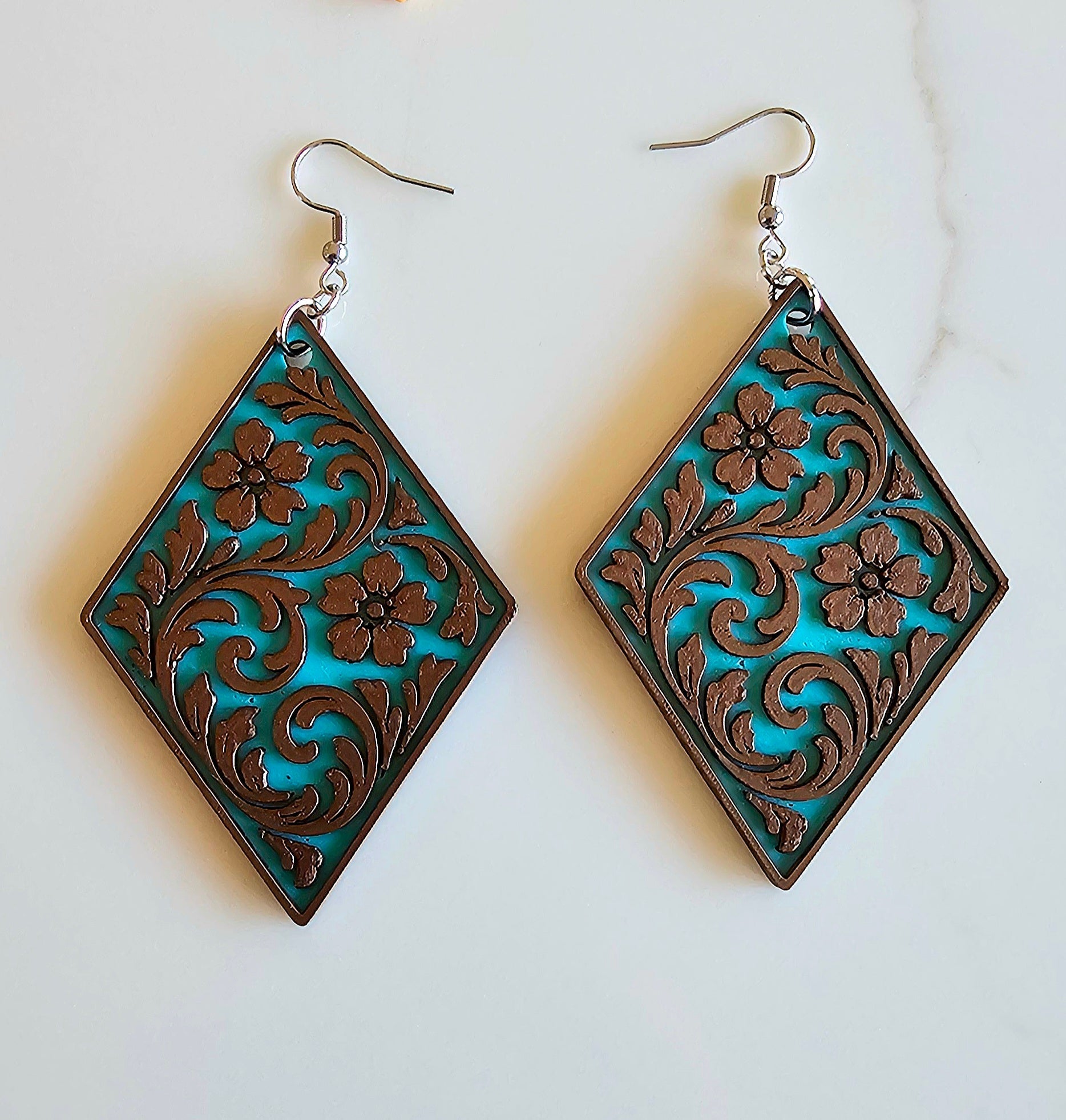 3D Print Western Tooled Floral Earrings Made in America Choice of Colors Baha Ranch Western Wear