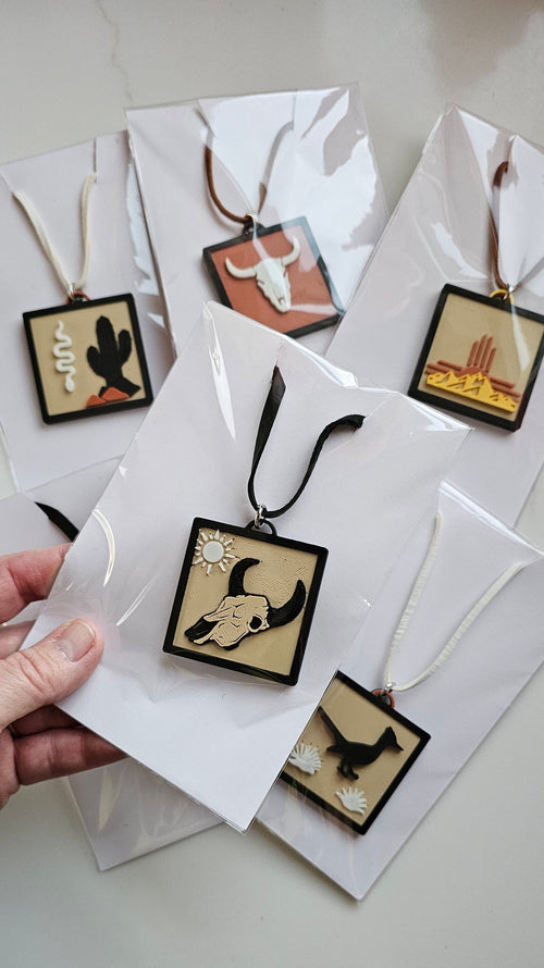 3D Print Picture Necklace on Deerskin Leather Western Bull Skull Desert Cactus Made in America Baha Ranch Western Wear