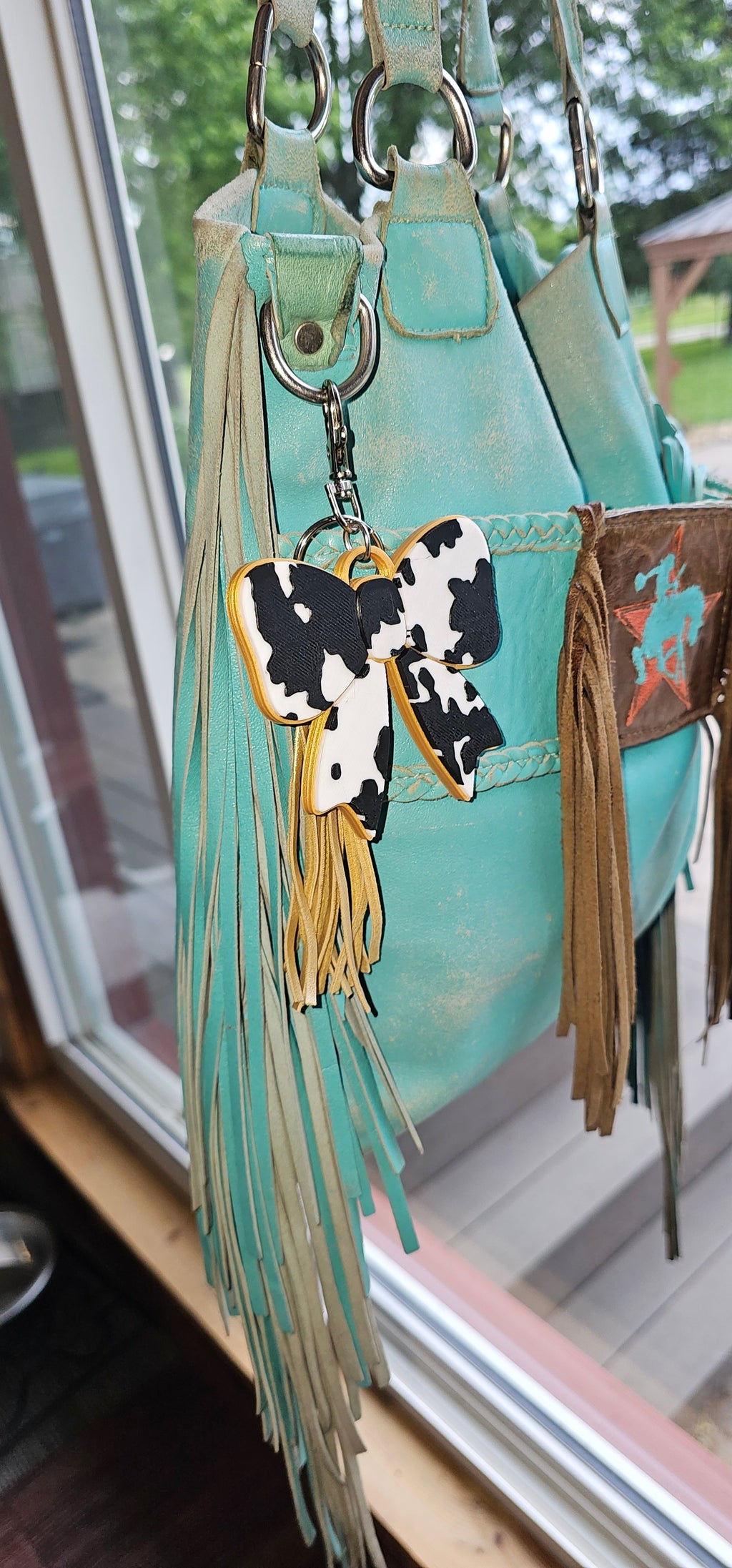 3d Print Puffy Bow Trend Keychain Fringe Cow Print Western Made in America Baha Ranch Western Wear