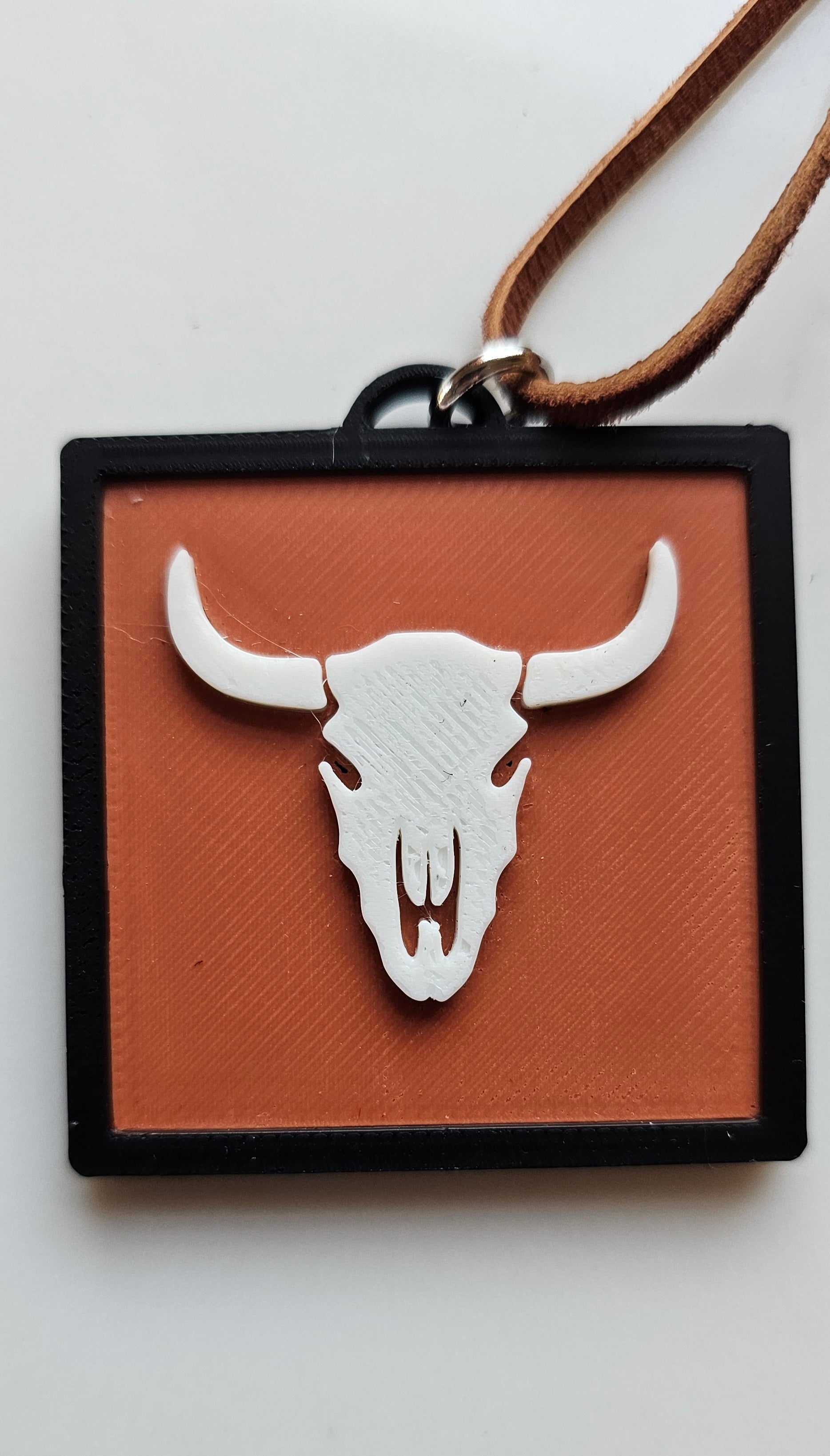 3D Print Picture Necklace on Deerskin Leather Western Bull Skull Desert Cactus Made in America Baha Ranch Western Wear