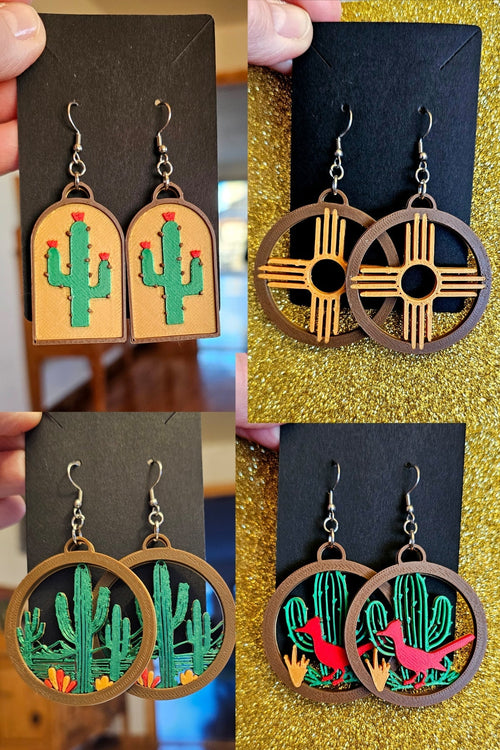 3D Print Zia New Mexico Cactus Earrings Made in America Baha Ranch Western Wear