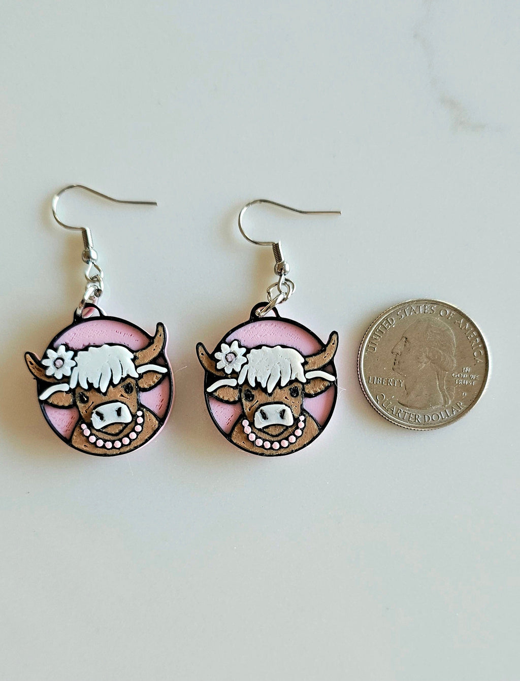 3D Print Cowgirl Highland Cow Picture Necklace or Earrings Western Made in America Baha Ranch Western Wear
