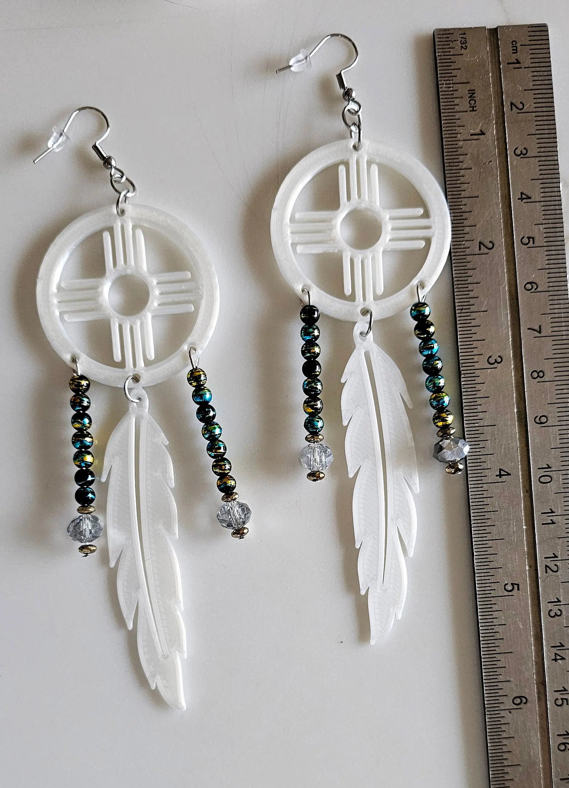 3D print Lightweight New Mexico Zia Feather Dream Catcher Earrings Made in America Baha Ranch Western Wear