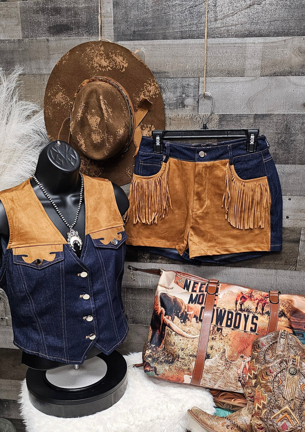 Giddy Up Cowgirl Fringe Vest Shorts Set Outfit Baha Ranch Western Wear