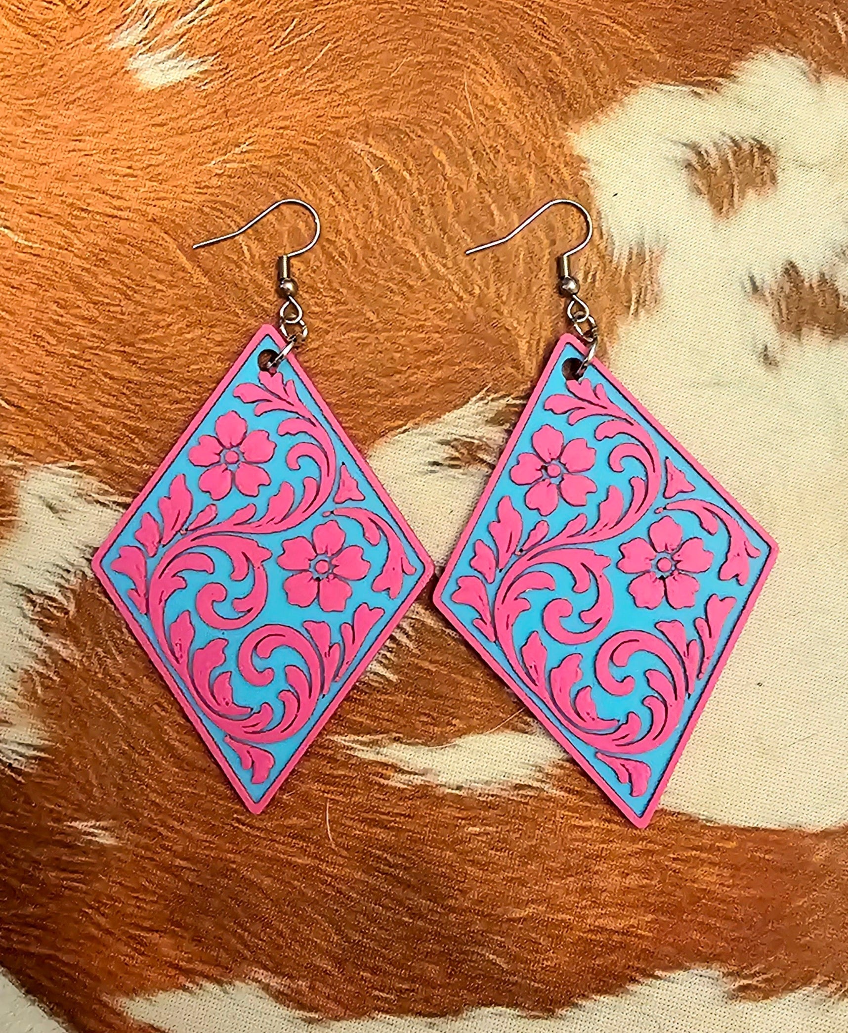3D Print Western Tooled Floral Earrings Made in America Choice of Colors Baha Ranch Western Wear