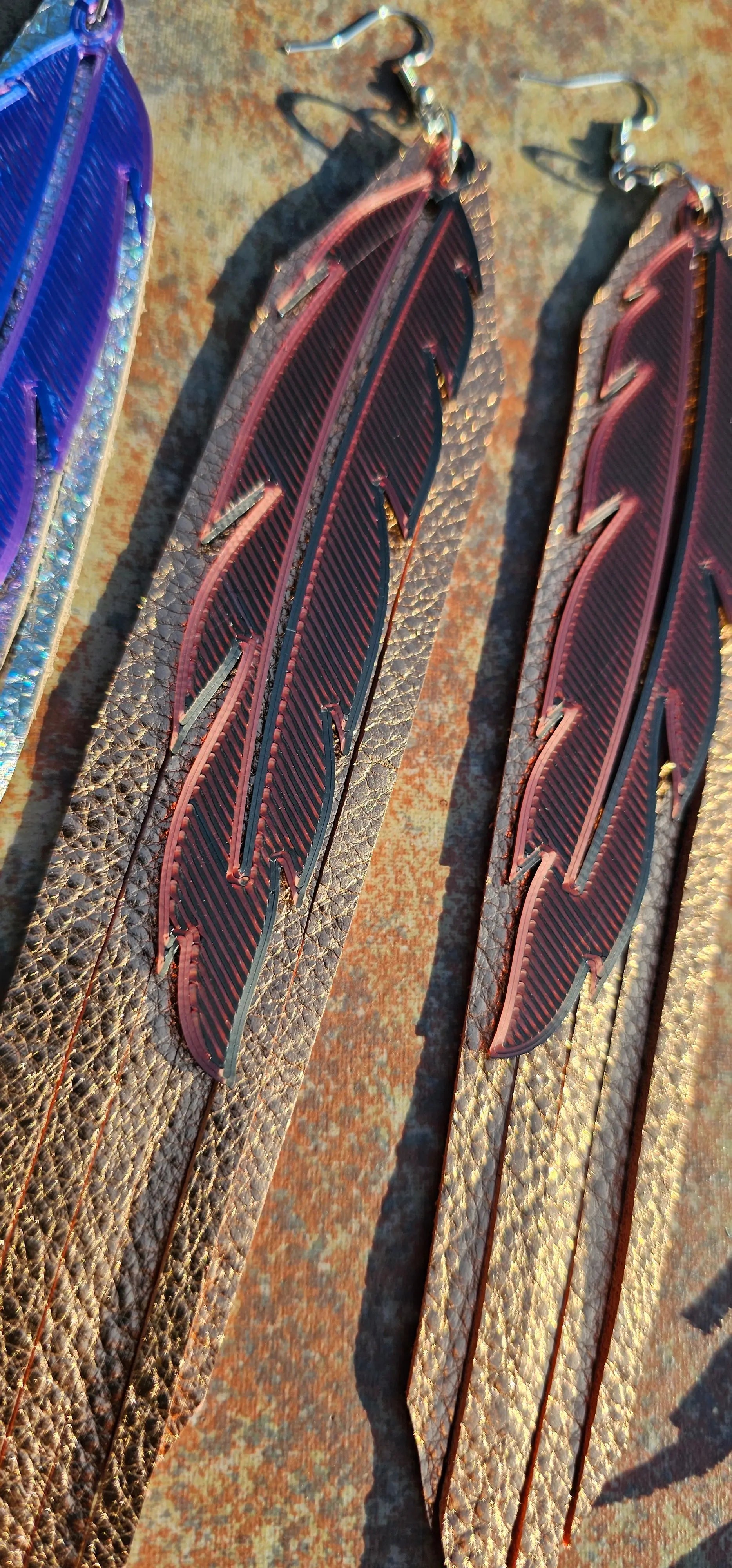 3D Printed Feather Leather Fringe Earrings Made in America Baha Ranch Western Wear