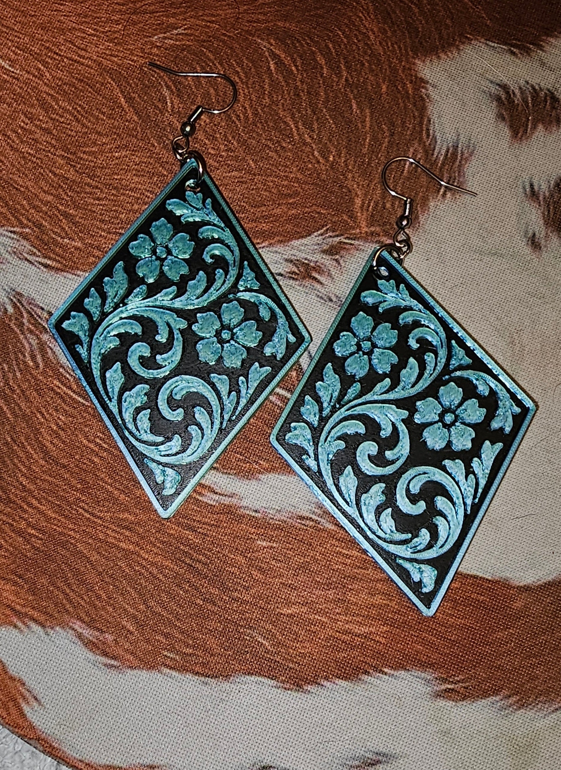 3D Print Western Tooled Floral Earrings Made in America Choice of Colors Baha Ranch Western Wear