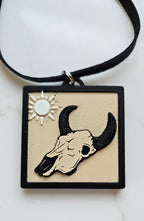 3D Print Picture Necklace on Deerskin Leather Western Bull Skull Desert Cactus Made in America Baha Ranch Western Wear