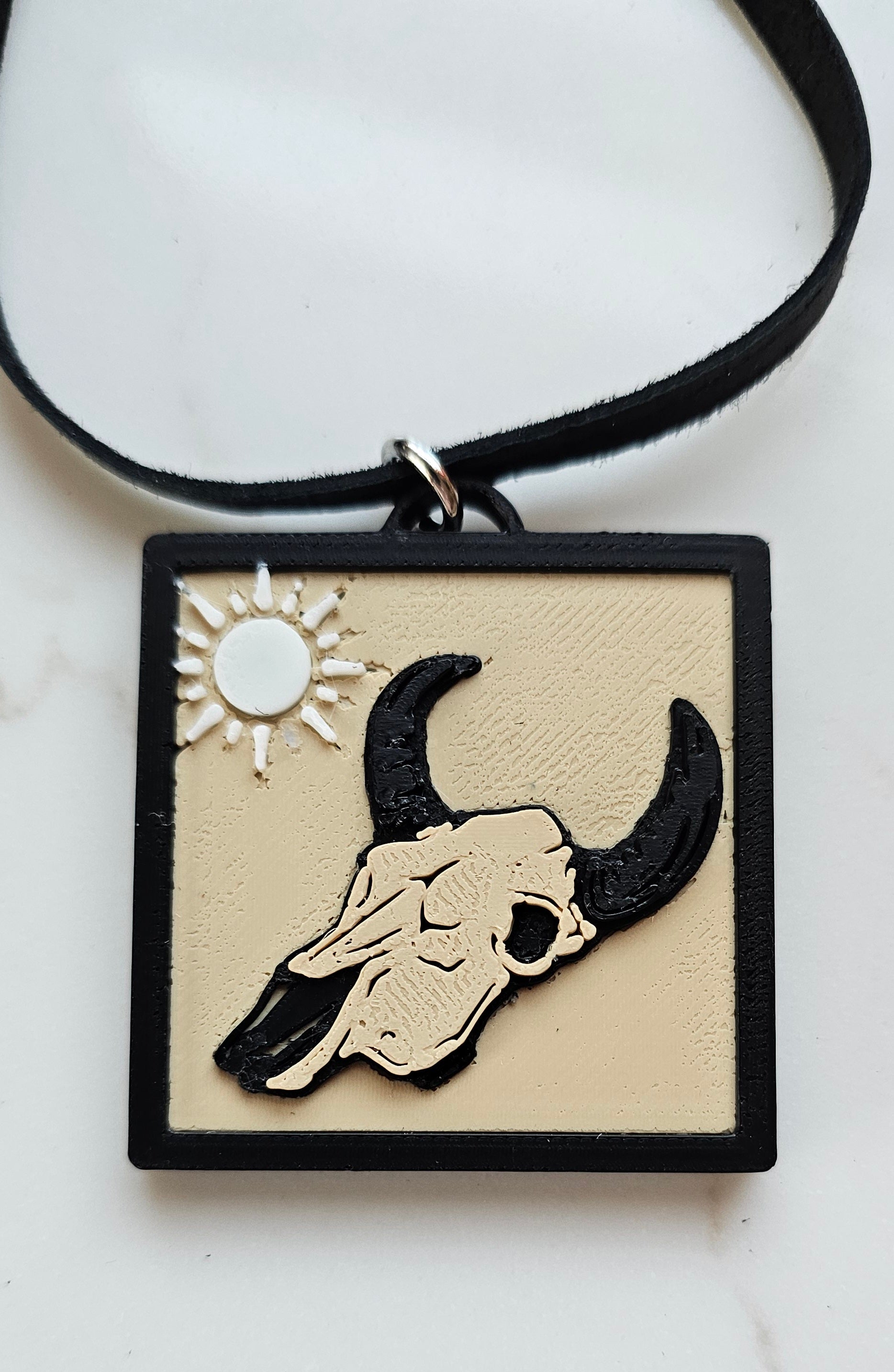 3D Print Picture Necklace on Deerskin Leather Western Bull Skull Desert Cactus Made in America Baha Ranch Western Wear