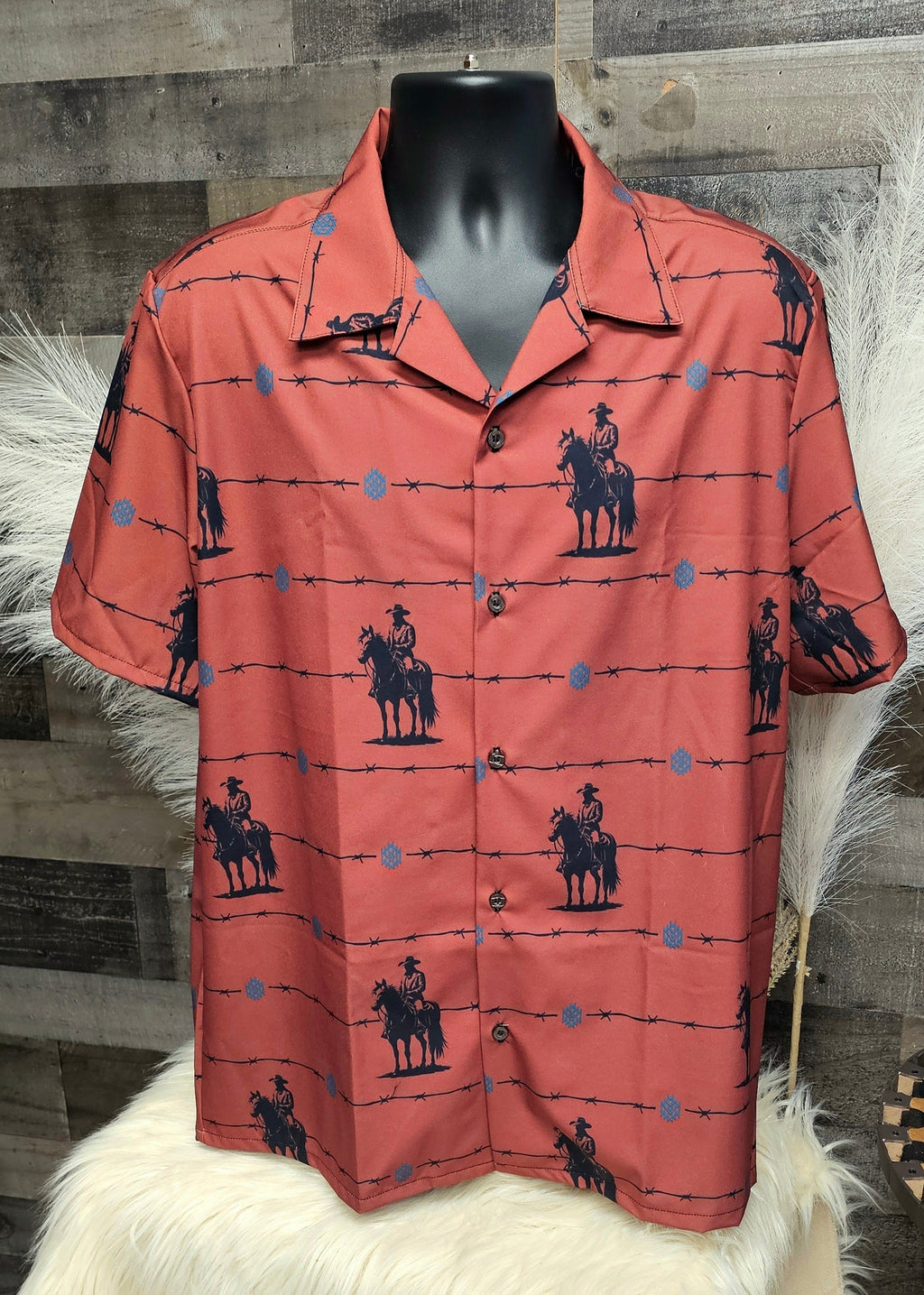 Baha Ranch Brown Saddle Up Western Hawaiian Shirt Made in America Baha Ranch Western Wear