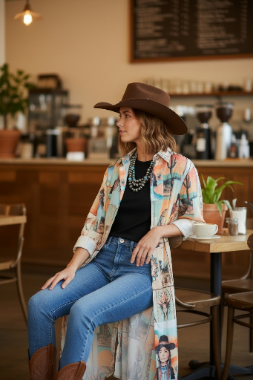 Colores de Mexico Pictures of the Southwest Button-Up Long Sleeve Shirt Dress Duster Baha Ranch Western Wear
