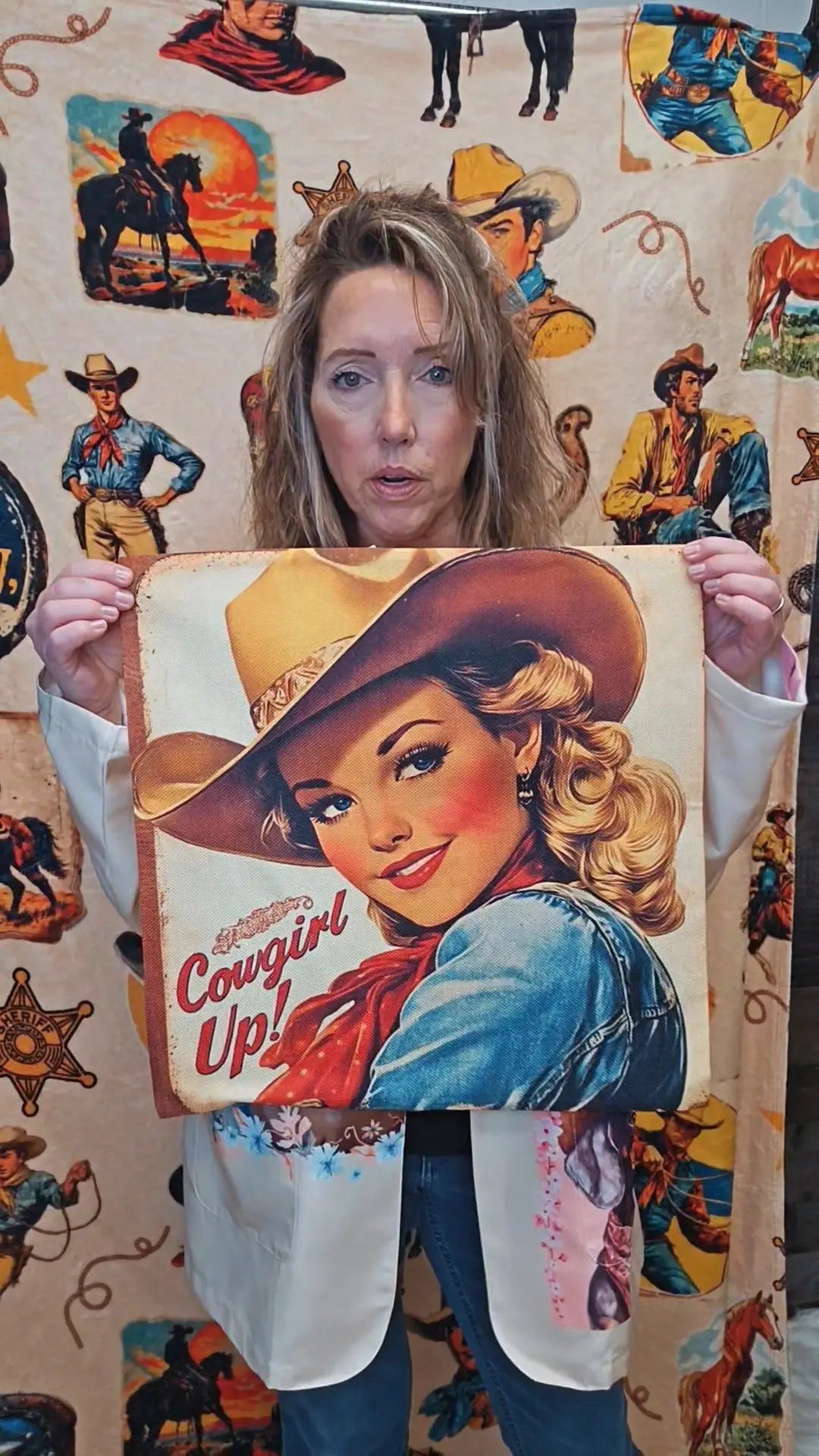 Vintage Cowgirl Up Throw Pillow Case 18 x 18 Made in America Baha Ranch Western Wear
