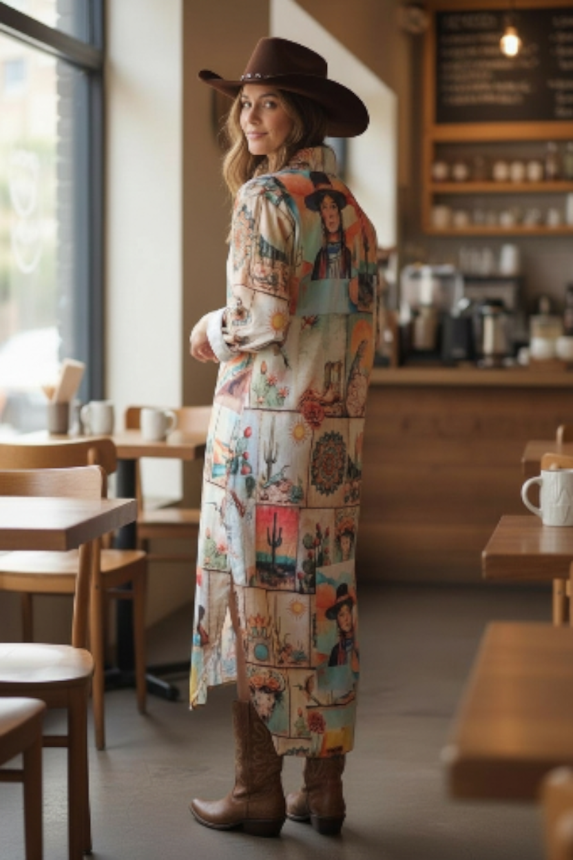 Colores de Mexico Pictures of the Southwest Button-Up Long Sleeve Shirt Dress Duster Baha Ranch Western Wear