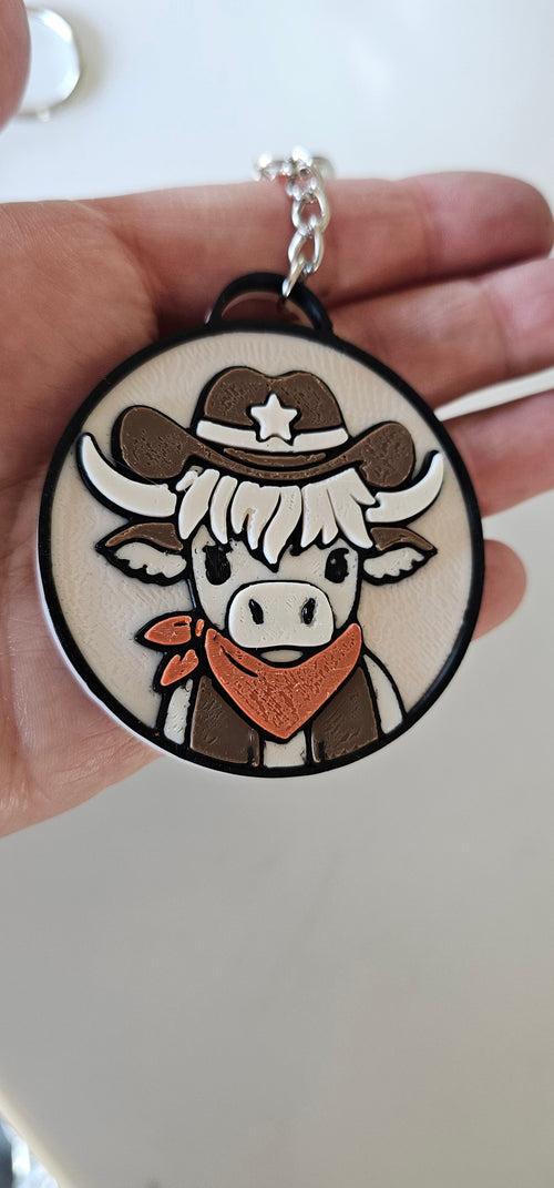 3d Printed Cowboy Cowgirl Highland Cow Cute Keychain Baha Ranch Western Wear