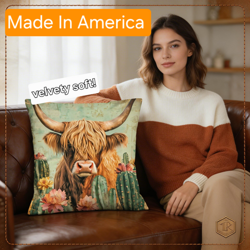 Baha Ranch Cactus Highland Velvety Soft Throw Pillow Cover Made in America Baha Ranch Western Wear