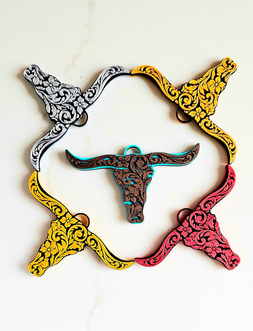 3d Print Tooled Longhorn Keychain or Purse Charm Ornament - Made in America - choice of colors Baha Ranch Western Wear