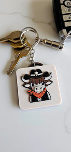 3D Print Cowboy Highland Cow Picture Necklace, Keychain or Purse Charm on Suede Leather Western Made in America Baha Ranch Western Wear