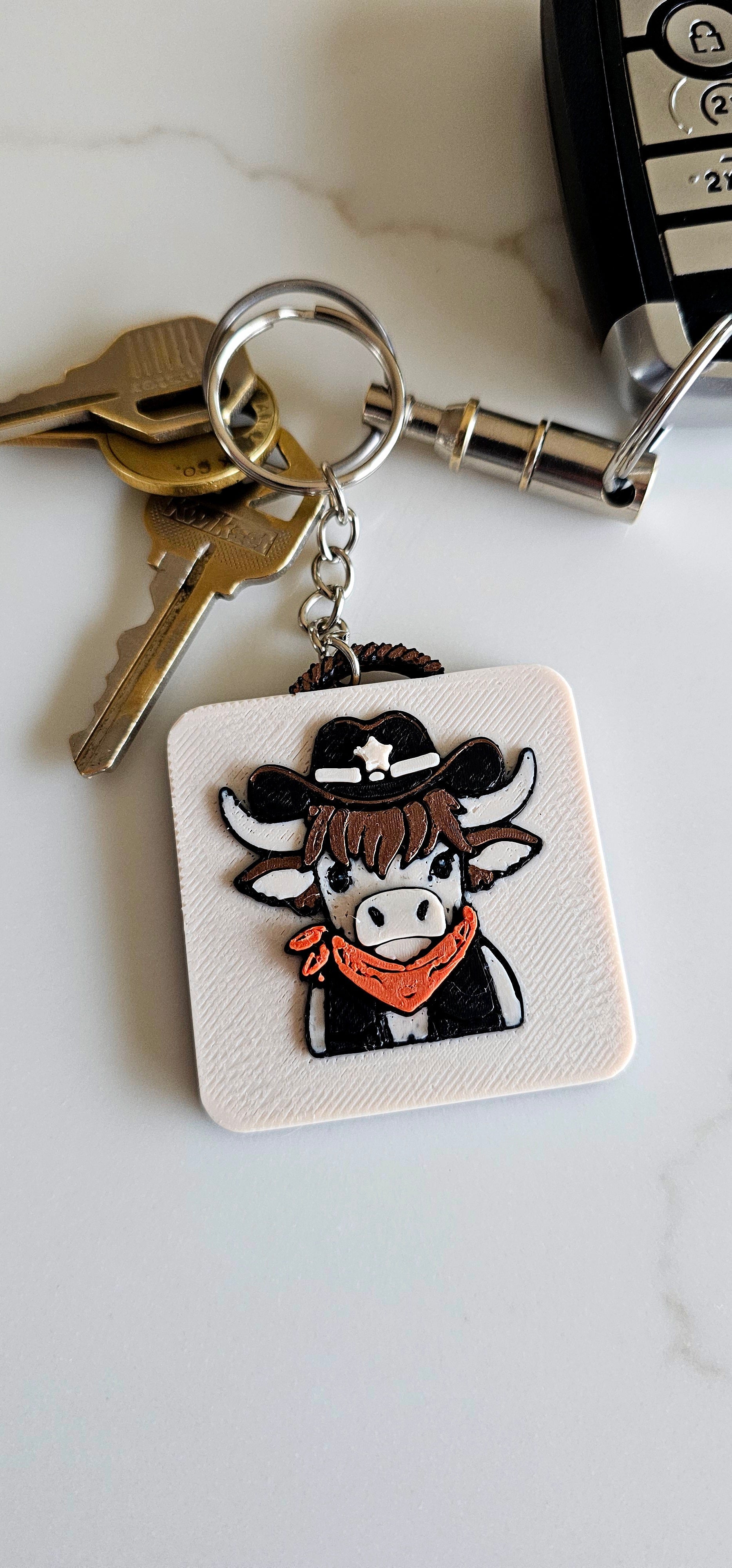 3D Print Cowboy Highland Cow Picture Necklace, Keychain or Purse Charm on Suede Leather Western Made in America Baha Ranch Western Wear