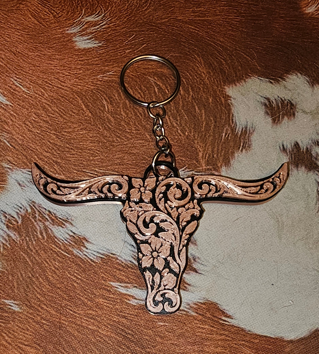 3d Print Tooled Longhorn Keychain or Purse Charm Ornament - Made in America - choice of colors Baha Ranch Western Wear