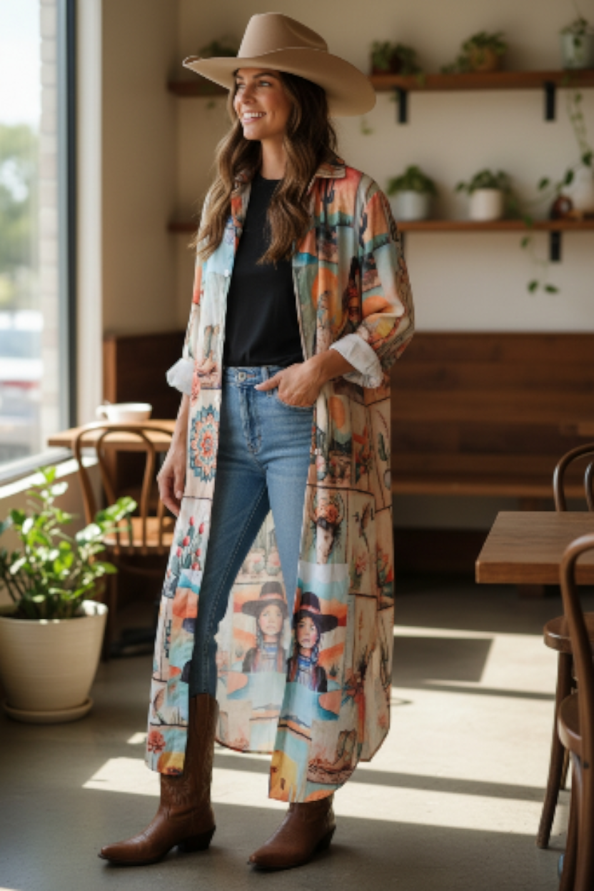 Colores de Mexico Pictures of the Southwest Button-Up Long Sleeve Shirt Dress Duster Baha Ranch Western Wear