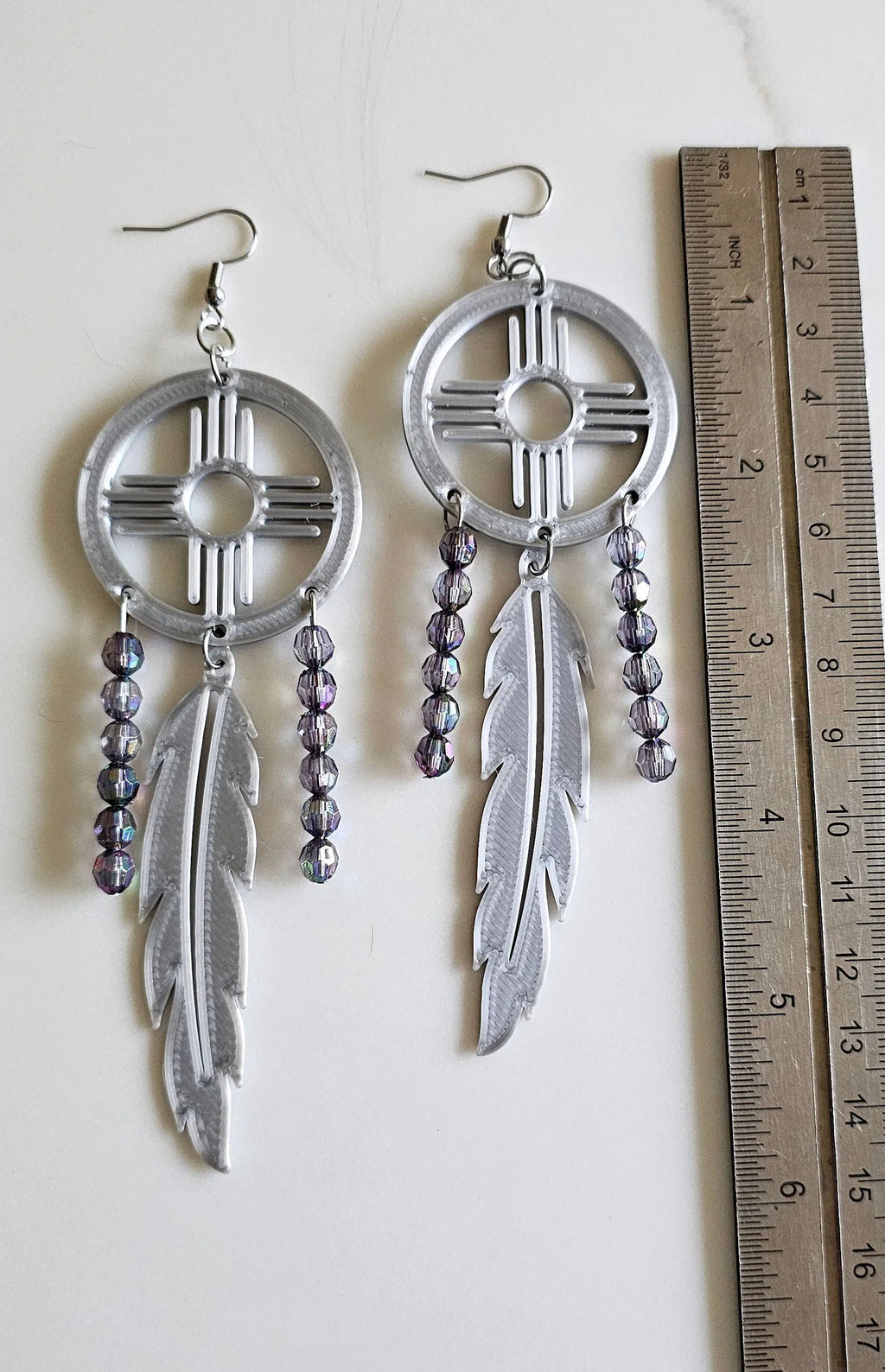 3D print Lightweight Silver New Mexico Zia Feather Dream Catcher Earrings Made in America Baha Ranch Western Wear