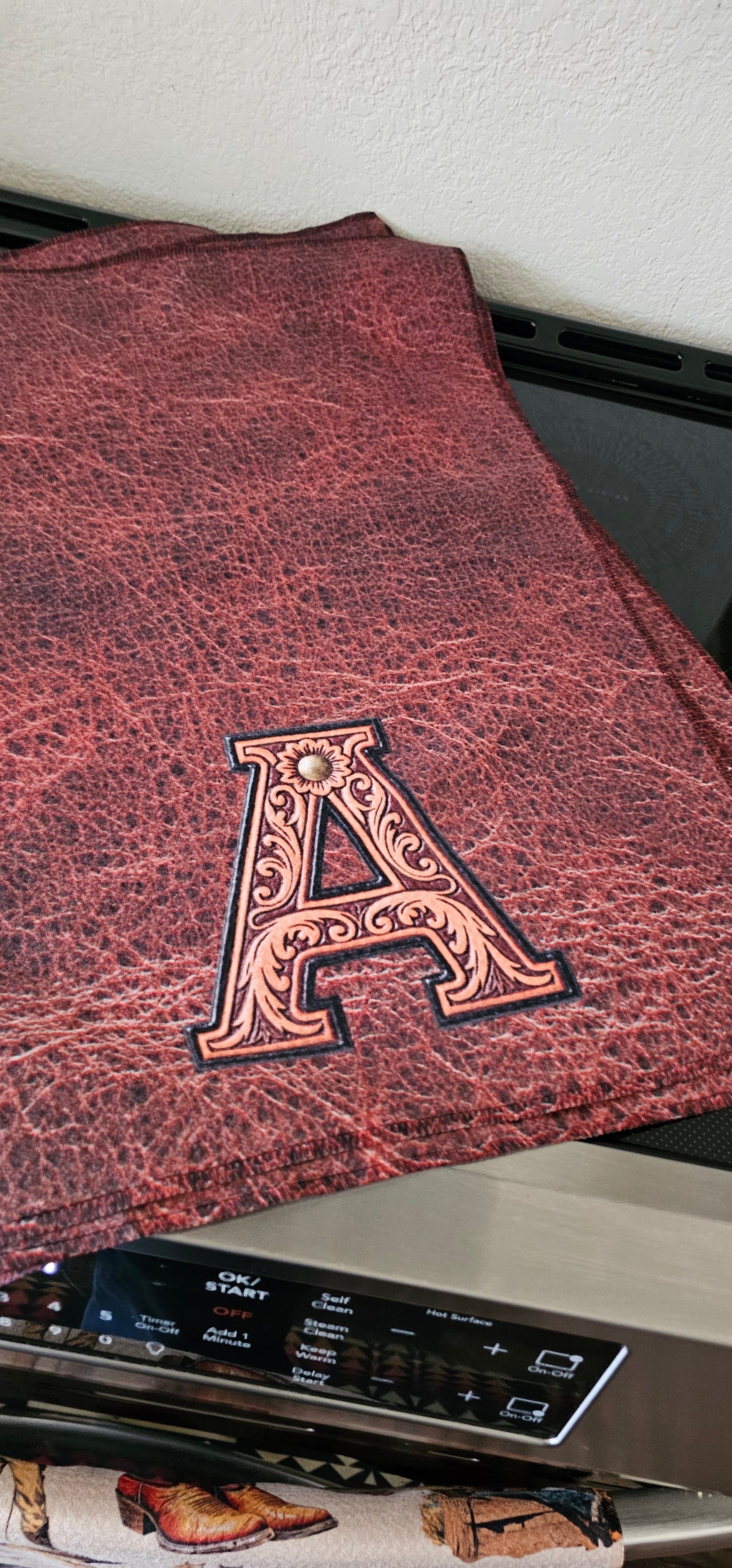 Monogrammed Initial Western Leather Look Saddle Longhorn Cowboy Cowgirl Kitchen Dish Towels Made in America Baha Ranch Western Wear